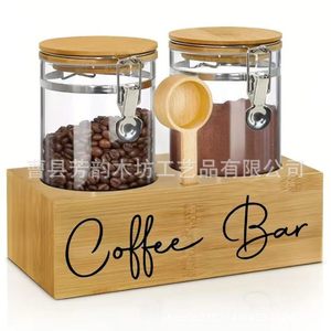 Juego de recipientes para almacenar granos de café con base de madera y cuchara, contenedor de vidrio hermético para exhibir en un barra de café - Product Image 1
