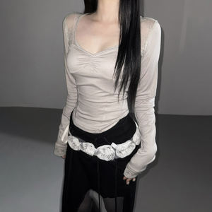 Y2K Lace Patchwork Square Neck Long Sleeve Crop <b>Top</b> <b>Women</b> Slim Fit Sexy Basic <b>Khaki</b> T Shirt - Product Image 5