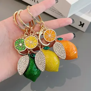 Cute Green Enamel Lemon Keyrings Ladies Rhinestone Crystal Fruit Lemon Keychain For Gift