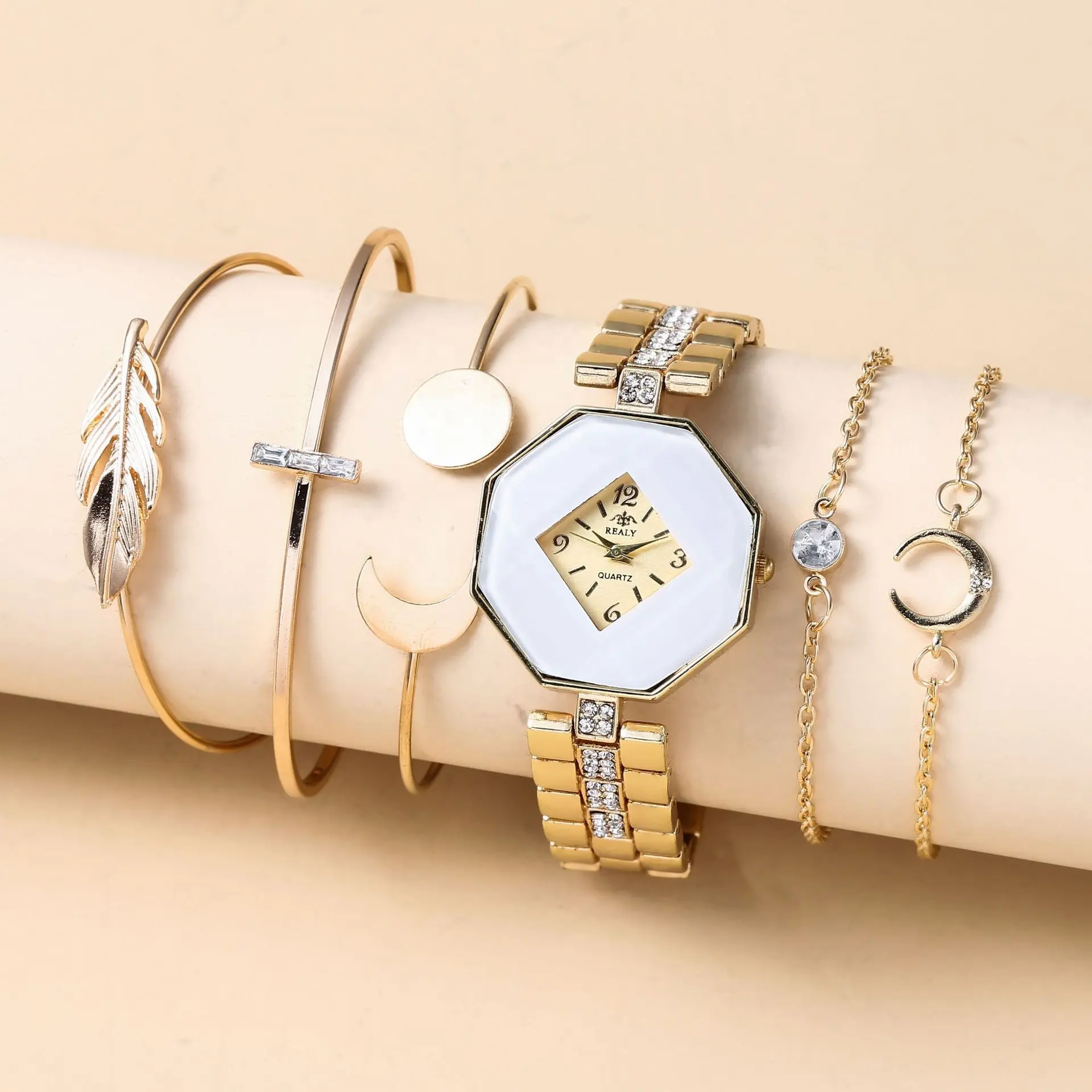 Ensemble de montres à Quartz pour femmes, accessoires de mode coréenne, diamant, Bracelet Simple, boîte-montre, cadeau, or, 6 pièces