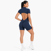 Combinaison de sport une pièce pour femme à manches courtes, dos nu, froncée, avec fermeture éclair sur le devant, pour le yoga, la course et le fitness