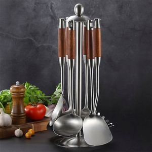 High Quality <b>Kitchen</b> Utensil Set 304 Stainless Steel Grade Ladle Spatula Soup Spoon with Natural Wood Handles - Product Image 2
