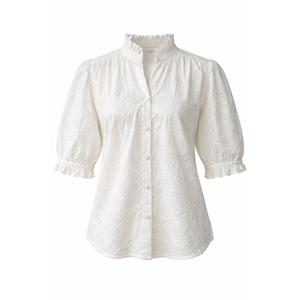 Camisa Blanca de Mujer, Tejida, 100% Algodón, Ecológica, Transpirable, con Ojales, Manga Corta, Cuello Alto, Tela Suave, Elegante, Proveedor OEM al por Mayor - Product Image 4