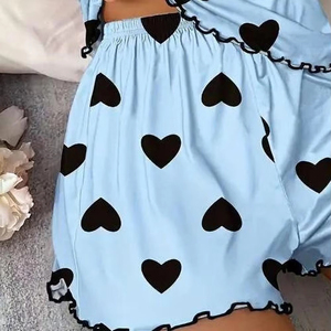 Women's Comfortable Casual Summer Pajama Set <strong>Pink</strong> Heart-Shaped Print Neck T-Shirt Ice <strong>Silk</strong> <strong>Top</strong> with Front Logo T-Shirts Shorts - Product Image 5