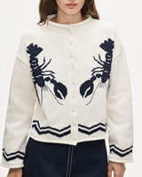 Kardigan Rajut Wanita Motif Lobster Jacquard Katun Kerah Tinggi Kancing Depan Motif Laut Model Drop-Shoulder Slouchy