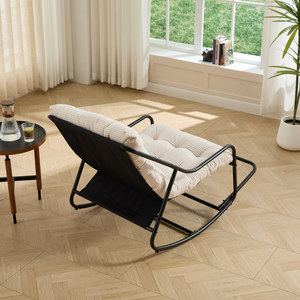 Silla mecedora para exteriores con cojín suave y grueso, marco negro, cojín blanco, para sala de estar, dormitorio, sala de lectura - Product Image 3