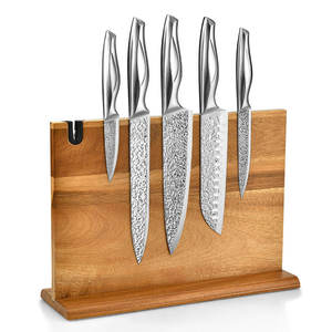Ensemble de 6 couteaux de chef en acier plein creux avec manche en acier inoxydable et bloc magnétique en bois - Product Image 1