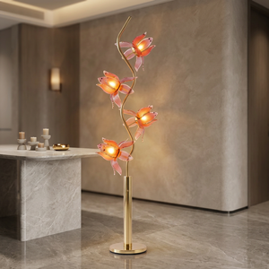 Elegante Lámpara de Pie Lotus de 4 Luces, Soporte en Forma de S de Hierro Forjado Dorado, Pétalos de Cristal Rosa, Lámpara de Pie para Interiores E26 - Product Image 6