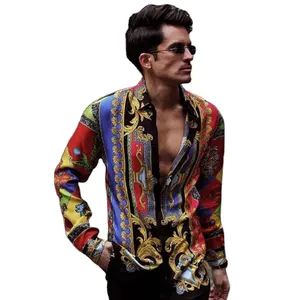Camisa masculina vintage e casual de primavera, camisa com botão, gola virada para baixo, de manga longa, estampada, streetwear, 2021