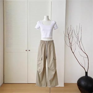 Pantaloni <span class=keywords><strong>Cargo</strong></span> blu da <span class=keywords><strong>donna</strong></span> 2025 estivi sottili stile americano sport paracadutista ad asciugatura rapida Casual pantaloni elasticizzati vita alta a metà piatto - Product Image 4