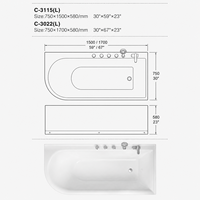 Baignoire en acrylique pour projets d'appartements, 1500 mm, à poser contre le mur, avec façade incurvée et design épuré