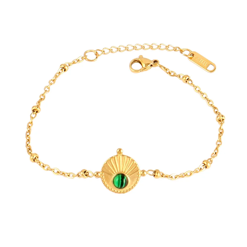 Gelang besi anti karat berlapis emas batu hijau alami sederhana perhiasan gelang rantai batu permata wanita grosir
