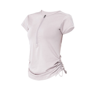 Wholesale Women Slim Fit Half <b>Zipper</b> Athletic T-Shirt Adjustable Side Drawstring Yoga <b>Top</b> Running Sports Workout Pilates Shirts - Product Image 4
