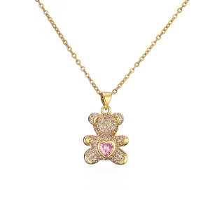 Collier de luxe délicat en acier inoxydable plaqué or 18 carats avec pendentif ours en peluche entièrement orné de zircons CZ étincelants pour femme - Product Image 2