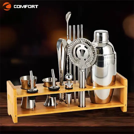 Vente en gros, outils de Bar personnalisés en acier inoxydable, Kit de barman, accessoires de Bar, Jigger Shaker, ensemble de Cocktail avec support en bois