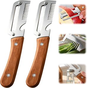 Éplucheur à légumes avec manche en bois, lame large en acier inoxydable, éplucheur à légumes avec hachoir à ciboulette et ouvre-bouteille - Product Image 1