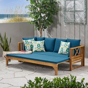 Outdoor Extendable Acacia Wood 3-Seater <b>Sofa</b> Convertible Patio Daybed Beige Cushions Modern Teak Finish Lounge Apartment Hotel - Product Image 1