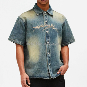 Produttore di abbigliamento personalizzato in Denim Crop Top Box Fit con Zip camicie di <span class=keywords><strong>Jeans</strong></span> a maniche corte ricamate di alta qualità - Product Image 1