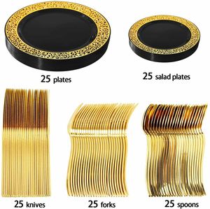 <span class=keywords><strong>Vaisselle</strong></span> <span class=keywords><strong>jetable</strong></span> bon marché, couverts en plastique doré, service de <span class=keywords><strong>vaisselle</strong></span>, 25 pièces, 7.5 "10.25", couteau, cuillère, fourchette, tasse - Product Image 6