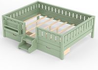 Lit Montessori en bois massif moderne avec escalier, barrières, lattes, taille Queen, lit au sol, étagère, 2 tiroirs de rangement, cadre de lit facile à assembler
