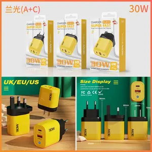 Ánh Sáng Màu Xanh 2A/30W Đầy Đủ Thỏa Thuận PD + USB Dual Port Hổ Phách Màu Vàng Tường Adapter Sạc Điện Thoại Thích Hợp Cho Tất Cả Các Điện Thoại Di Động Bộ Sạc