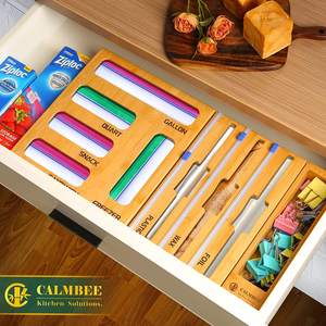 9 in 1 대나무 랩 디스펜서 (커터 포함) 및 이중 지퍼백 정리함, 모던 주방 식품 보관 랙 - Product Image 3