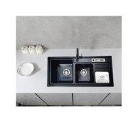 Évier de cuisine double cuve fait main avec support à couteaux à deux trous, multifonctionnel, style européen moderne, noir, à encastrer, surface mate, en quartz