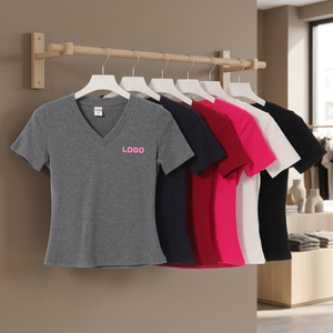 Camisetas de Manga Corta para Mujer, Cuello en V, Corte Ajustado, Color Liso, Transpirables, Tejido Liso de Alta Calidad, 230 g/m², 92% Algodón, 8% Elastano - Product Image 3