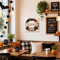 Light Farmhouse Welcome Halloween Wreath Wall Art Gallery Kanvas Cetak Berlapis Latar Belakang Putih Dekorasi Liburan Teras Labu Lucu
