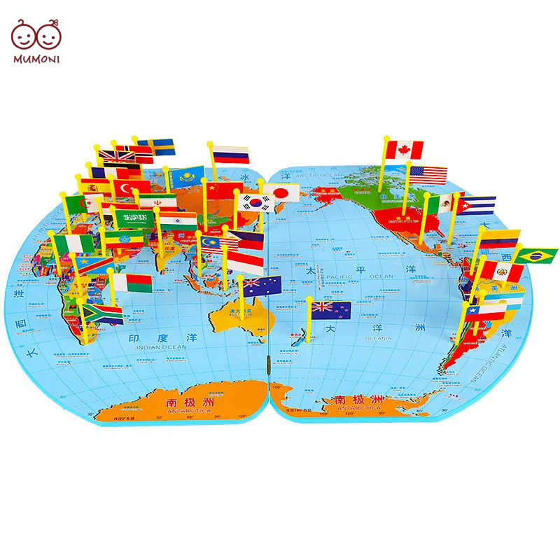 Pengetahuan Geografis Bayi dengan Mainan Kognitif Bendera Nasional, Mainan Kayu 3D Peta Dunia