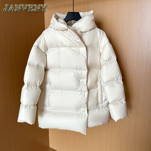 JANVENY Novità Inverno 2024 Piumino <span class=keywords><strong>Donna</strong></span> 90% Piuma d'Anatra Bianca Corto <span class=keywords><strong>Oversize</strong></span> con Cappuccio Spesso Caldo Antivento Parka Sciolto - Product Image 3