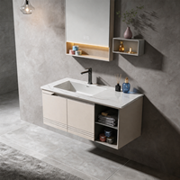 Meuble de salle de bain moderne sans poignée, étanche, en acier inoxydable, avec lavabo en céramique intégré et miroir LED anti-buée, durable