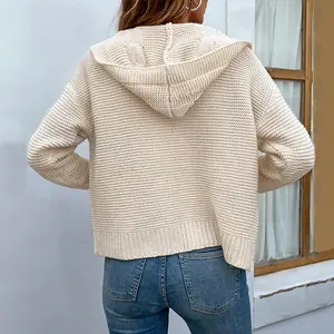 Autunno inverno nuovo maglione da donna con scollo a V in maglia personalizzata con scollo a V in tinta unita con cappuccio Twist