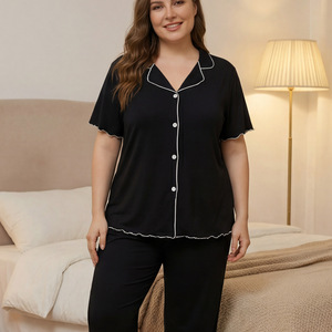 OEM/ODM Vêtements de nuit pour femmes, cardigan à boutons, respirant, couleur unie, <span class=keywords><strong>grande</strong></span> <span class=keywords><strong>taille</strong></span>, pyjama en tricot à manches courtes, ensemble deux pièces, vêtements de maison - Product Image 4