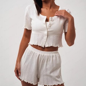 Custom New Style Women Girls <strong>Crop</strong> Buttons <strong>Ladies</strong> Short Pajama Set Women Summer 2 Piece Jacquard 100% Cotton <strong>Pyjamas</strong> Sleepwear - Product Image 4