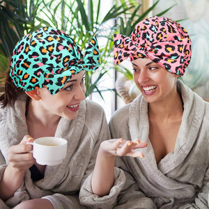 <span class=keywords><strong>Bonnet</strong></span> de douche léopard de luxe pour femmes imperméable doublé de Satin réglable Double couche de soie casquettes de <span class=keywords><strong>bain</strong></span> de plage pour les soins des cheveux SPA - Product Image 1