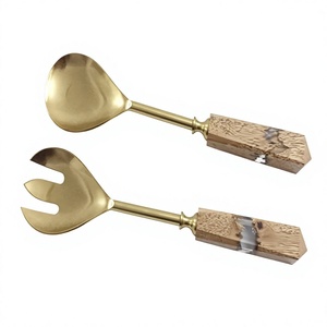 Eco-Friendly Golden Stainless Steel <b>Salad</b> <b>Server</b> with Wood & Resin Handmade Handle Dishwasher Safe Set of 2 for Kitchen Use - Product Image 5