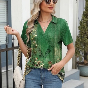 Blusa de punto estampada de manga corta para mujer, con cuello en V plisado, tops de verano, moda casual de negocios para el trabajo - Product Image 4