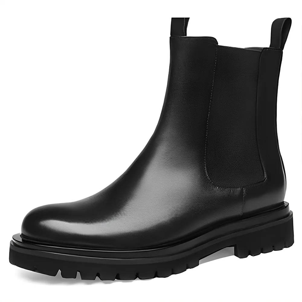 Wear-Resistant Men's Genuine Leather Chelsea Boots Black Sheep Fur Lining Winter Warm Handmade Breathable Travel Party