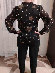 Blusa de Gasa con Estampado Floral y Puntos para Mujer, Cuello en V con Volantes, Manga Larga, Transparente, para Uso Casual y de Oficina - Product Image 3