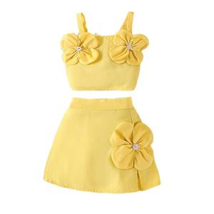 Nouvel ensemble d'été décontracté pour filles : chemise jaune à col halter en tissu peigné à motif floral et jupe taille basse, pour une vitalité jeune et mignonne - Product Image 5