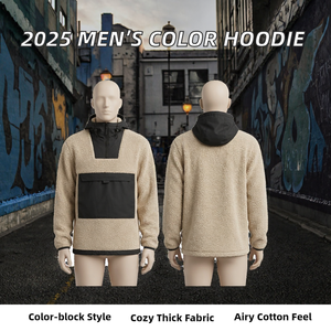 <b>Men</b> <b>Sherpa</b> Fleece <b>Hoodie</b> Color Block Pullover Hooded Sweatshirt Winter Outdoor Jacket - Product Image 2