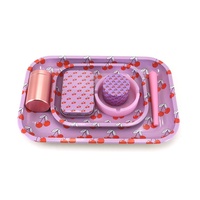 Offre Spéciale Funway SK005 Kit à Cigarettes Moderne 7 Pièces en Métal Carré Motif Cerise avec Broyeur à Herbes et Boîte de Rangement en Étain