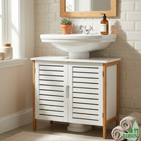 Meuble sous-évier de salle de bain en bambou avec portes à persiennes doubles, meuble-lavabo sur pied, organisateur de rangement de salle de bain autoportant et peu encombrant