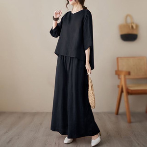 Women's Cotton <b>Linen</b> Two Piece <b>Set</b> Three Quarter Sleeve Solid Color Breathable Casual Suit Summer Fashion - Product Image 4