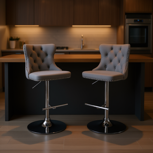 Ensemble de 2 tabourets de bar gris capitonnés, modernes, rembourrés, base chromée, hauteur réglable de 25 à 33 pouces, pour bar - Product Image 2