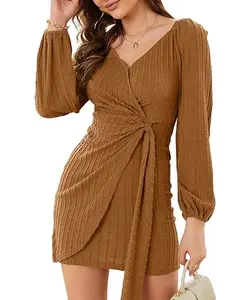 Long sleeved cotton casual V-neck long dress with brown exclusive design women dress