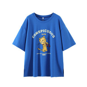 Runqi เสื้อยืดแขนสั้นคอกลมพิมพ์ลายการ์ตูนไซส์ใหญ่พิเศษสำหรับผู้หญิงฤดูใบไม้ร่วงเสื้อ N8283ระบายอากาศสีฟ้า - Product Image 1