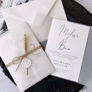 การ์ดเชิญงานแต่งงานหนังวัวขนาด5x7นิ้วพร้อมตราประทับและข้าวสาลีกระดาษห่อแจ็คเก็ตทำด้วยมือ - Product Image 6