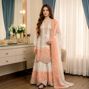 ชุดส่าหรีปักลายสีชมพูขาวผ้าไมโครคอตตอน ยี่ห้อ NiMa Creations พร้อมผ้าคลุมไหล่แบบ Anarkali ผ้าจอร์เจตต์ แห้งเร็ว เหมาะสำหรับงาน Diwali และงานรับปริญญา - Product Image 1